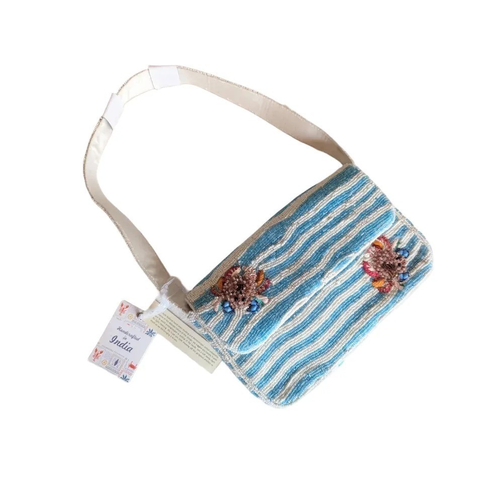 Viral Handcrafted In India Beaded Nautical Stripe Crab Shoulder Bag Purse NWT